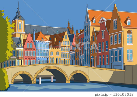 Colorful vector illustration of Bruges architecture in Belgium 136105018