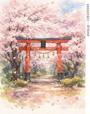 Torii and Sakura in Spring Watercolor 春の鳥居と桜の小道（水彩 136105044