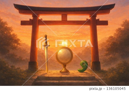 Three Sacred Treasures at Torii Gate 鳥居に並ぶ三種の神器と夕焼 136105045