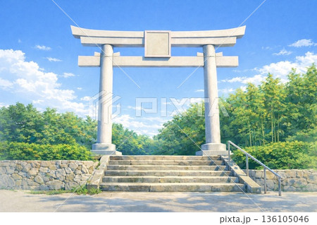 Stone Torii Gate under Blue Sky 青空に映える石の鳥居と参道階段 136105046