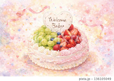 Welcome Baby Fruit Cake Illustration ウェルカムベビーのフルーツ 136105049