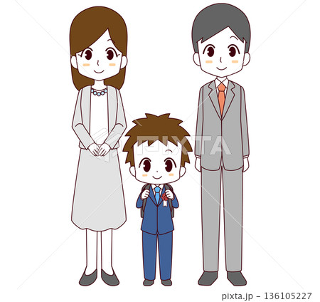 入学式の新一年生の男の子と両親のイラスト 136105227