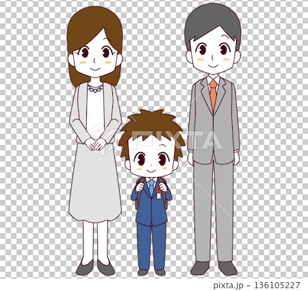 Illustration of a new first grade boy and his parents at the entrance ceremony 136105227
