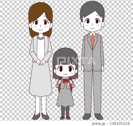 Illustration of a new first grade girl and her parents at the entrance ceremony 136105228