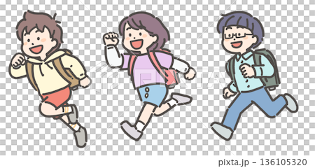 ランドセルを背負って走る小学生の男の子と女の子の子供たち 136105320