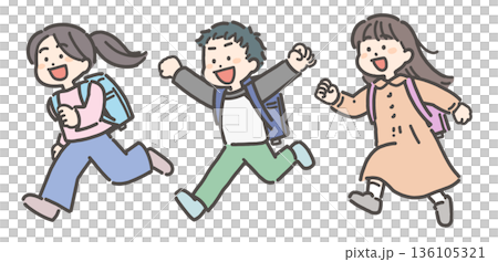 ランドセルを背負って走る小学生の男の子と女の子の子供たち 136105321