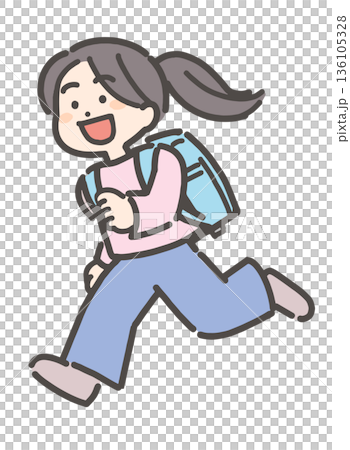 Elementary school girl running on a bag carrying a school bag Elementary school girl running on a bag carrying a school bag 136105328