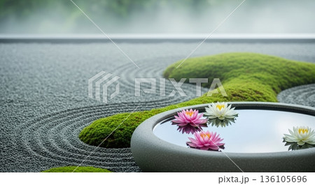 禅と石庭で瞑想し癒しとリラックスを感じるウェルネスイメージ 136105696
