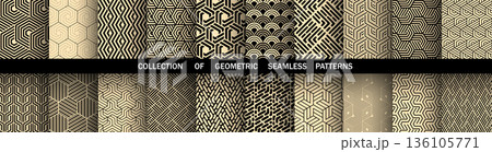 Geometric set of seamless black and golden patterns. Simple vector graphics 136105771