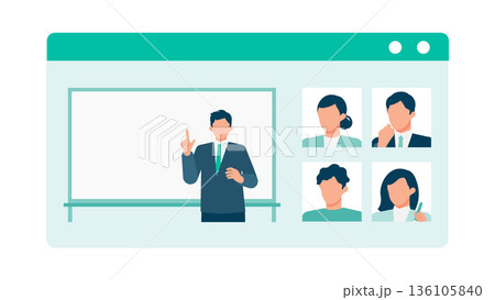 社内オンライン研修と全社学習を表現したビジネスイラスト チームで学ぶeラーニング 社内オンライン研修と全社学習を表現したビジネスイラスト チームで学ぶeラーニング 136105840