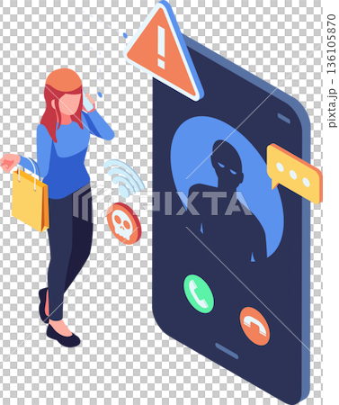 Isometric Woman Receiving Scam Phone Call 136105870