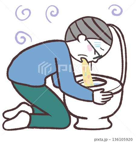 トイレで嘔吐するシニア男性のイラスト トイレで嘔吐するシニア男性のイラスト 136105920