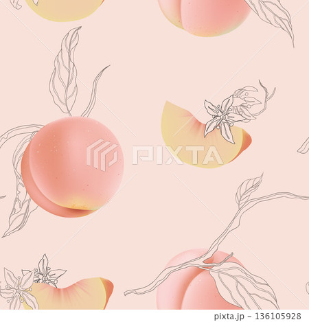 Fruit seamless pattern, peaches with flowers and leaves on bright pink Fruit seamless pattern, peaches with flowers and leaves on bright pink 136105928