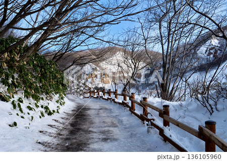 「雪が積もった遊歩道」地獄谷中心部へと続く 「雪が積もった遊歩道」地獄谷中心部へと続く 136105960