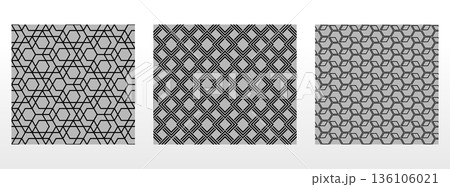Geometric set of seamless black and gray patterns. Simple vector graphics 136106021