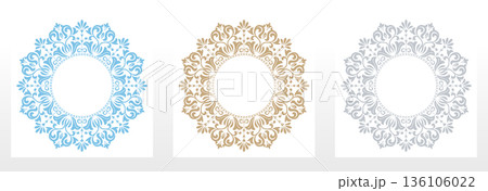 Set of decorative frames Elegant vector element for design in Eastern style, place for text. Floral colored frames. Lace illustration for invitations and greeting cards Set of decorative frames Elegant vector element for design in Eastern style, place for text. Floral colored frames. Lace illustration for invitations and greeting cards 136106022