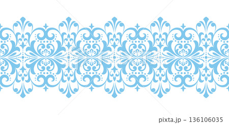 Wallpaper in the style of Baroque. White and blue floral ornament. Modern vector background. Graphic pattern for fabric, wallpaper, packaging. Ornate Damask flower illustration Wallpaper in the style of Baroque. White and blue floral ornament. Modern vector background. Graphic pattern for fabric, wallpaper, packaging. Ornate Damask flower illustration 136106035