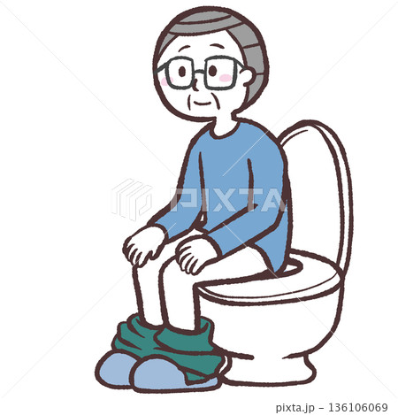 トイレの便座に座るシニア男性のイラスト トイレの便座に座るシニア男性のイラスト 136106069