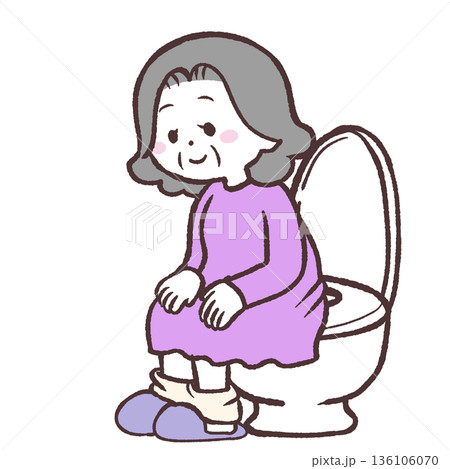 トイレの便座に座るシニア女性のイラスト 136106070