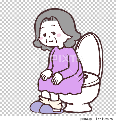 トイレの便座に座るシニア女性のイラスト 136106070