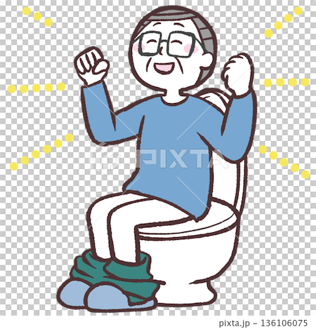 一位老年男子愉快地坐在馬桶上。 136106075
