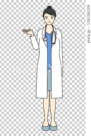 A female doctor wearing a white coat and a stethoscope explaining with her right hand outstretched A female doctor wearing a white coat and a stethoscope explaining with her right hand outstretched 136106104