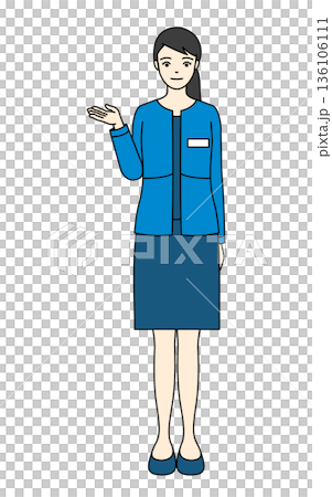 一位身穿藍色外套的女員工伸出右手，為顧客提供指導並介紹產品。 136106111