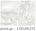 Hand-drawn pencil sketch of a female backpacker harvesting coffee beans in nature at sunrise 136106155