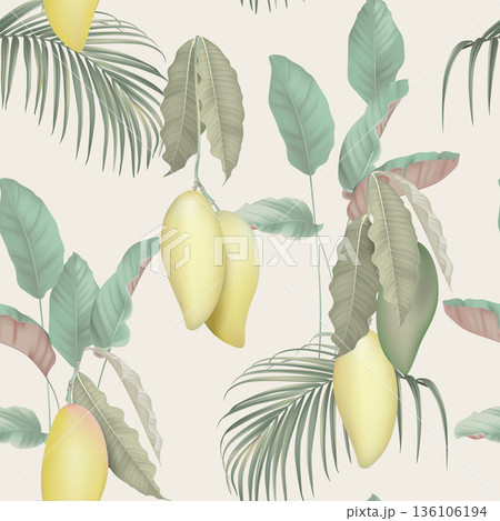 Fruit seamless pattern, Barracuda mangos with various plants on grey 136106194