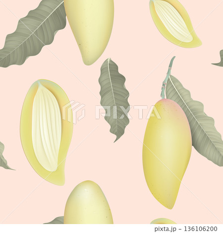 Fruit seamless pattern, pastel ripe Barracuda mangos with green leaves on pink Fruit seamless pattern, pastel ripe Barracuda mangos with green leaves on pink 136106200