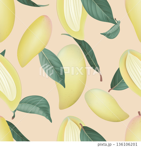 Fruit seamless pattern, pastel ripe Barracuda mangos with green leaves on brown Fruit seamless pattern, pastel ripe Barracuda mangos with green leaves on brown 136106201