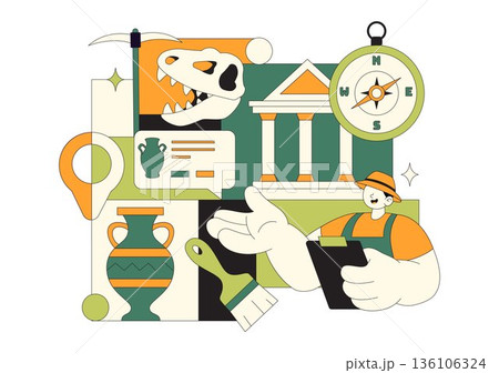 Archaeology Vector Illustration Featuring An Archaeological Excavation Of Ancient Ruins, Historical Artifacts, And Dinosaur Fossils In The Background 136106324