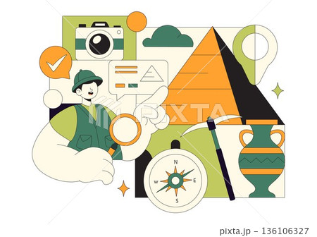 Archaeology Vector Illustration Featuring An Archaeological Excavation Of Ancient Ruins, Historical Artifacts, And Dinosaur Fossils In The Background 136106327