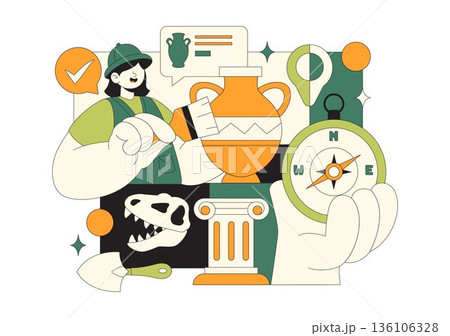 Archaeology Vector Illustration Featuring An Archaeological Excavation Of Ancient Ruins, Historical Artifacts, And Dinosaur Fossils In The Background 136106328