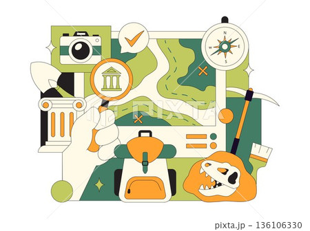 Archaeology Vector Illustration Featuring An Archaeological Excavation Of Ancient Ruins, Historical Artifacts, And Dinosaur Fossils In The Background 136106330