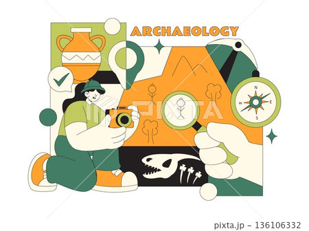 Archaeology Vector Illustration Featuring An Archaeological Excavation Of Ancient Ruins, Historical Artifacts, And Dinosaur Fossils In The Background Archaeology Vector Illustration Featuring An Archaeological Excavation Of Ancient Ruins, Historical Artifacts, And Dinosaur Fossils In The Background 136106332