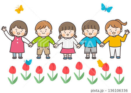 春のチューリップと手をつなぐ5人の子どもたち 春のチューリップと手をつなぐ5人の子どもたち 136106336