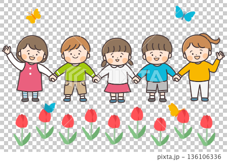 五個孩子手牽手，手捧著春天的鬱金香 136106336