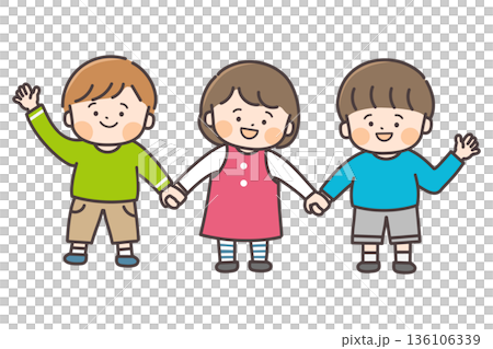 仲良く手をつなぐ三人の子供たち 136106339