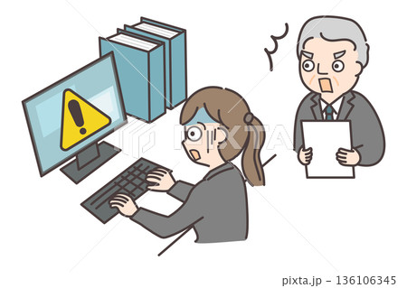 PCの警告表示に青ざめる部下と驚く上司 PCの警告表示に青ざめる部下と驚く上司 136106345
