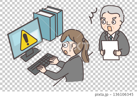 下屬看到電腦上的警告訊息後臉色煞白,而他的老闆則感到驚訝。 下屬看到電腦上的警告訊息後臉色煞白,而他的老闆則感到驚訝。 136106345