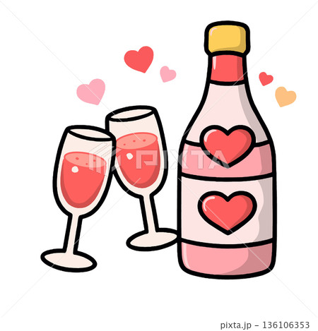Romantic wine bottle, two glasses, pink hearts, celebration, love, cheerful mood Romantic wine bottle, two glasses, pink hearts, celebration, love, cheerful mood 136106353