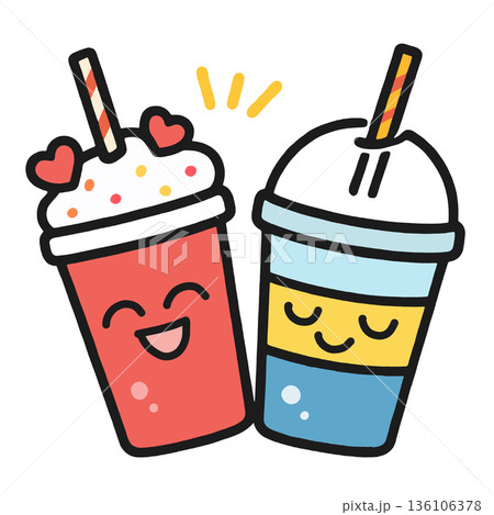Cute cartoon drink cups with happy faces, one with whipped cream and hearts, joyful friendship Cute cartoon drink cups with happy faces, one with whipped cream and hearts, joyful friendship 136106378