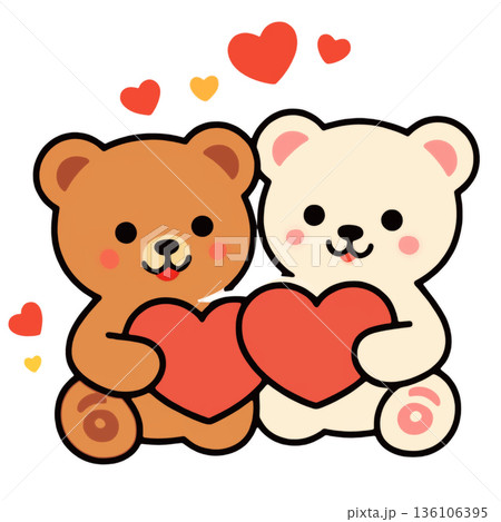 Cute bear couple holding hearts, surrounded by floating hearts, expressing love and happiness Cute bear couple holding hearts, surrounded by floating hearts, expressing love and happiness 136106395