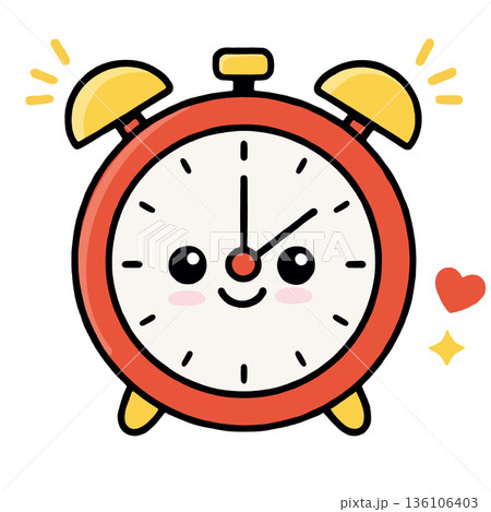 Cute alarm clock cartoon red yellow happy face kawaii time morning cheerful 136106403