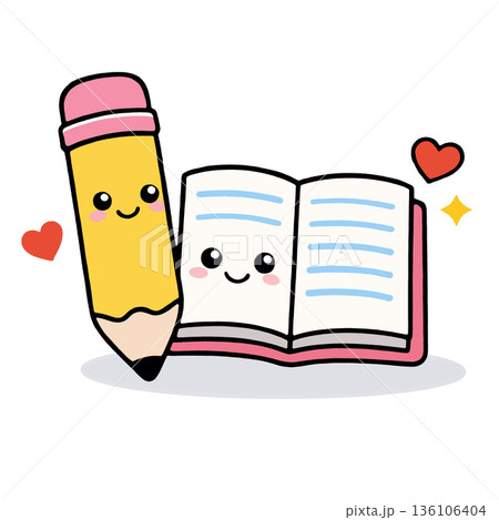 Cute pencil, open book, smiling faces, hearts, cartoon style, white background Cute pencil, open book, smiling faces, hearts, cartoon style, white background 136106404