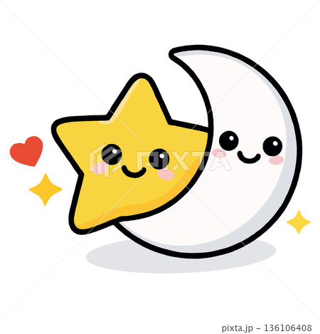 Cute star moon cartoon kawaii smiling love heart yellow white happy illustration child 136106408