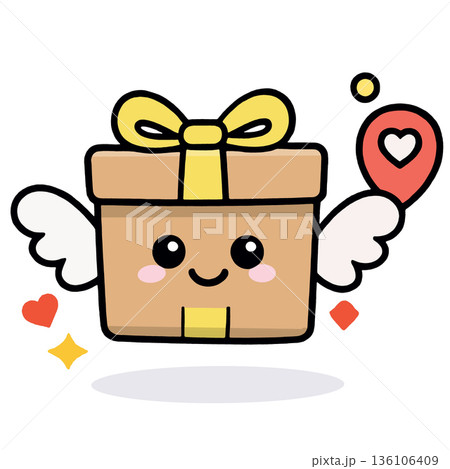 Gift box, yellow ribbon, cute face, wings, heart, location icon, cartoon style 136106409
