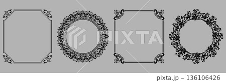 Set of decorative frames Elegant vector element for design in Eastern style, place for text. Floral black and gray frames. Lace illustration for invitations and greeting cards 136106426