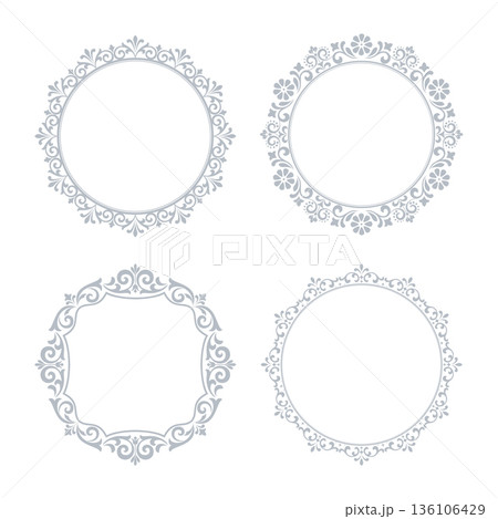 Set of decorative frames Elegant vector element for design in Eastern style, place for text. Floral gray and white frames. Lace illustration for invitations and greeting cards 136106429